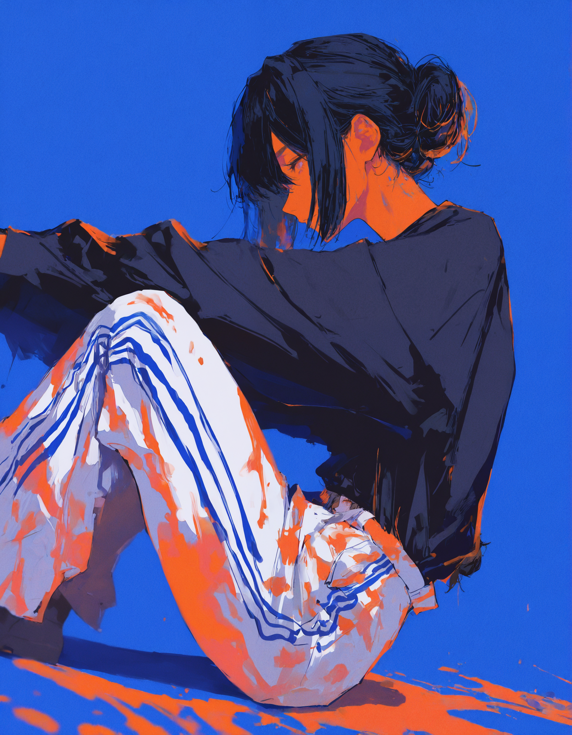 masterpiece, best quality, aesthetic, absurdres, newest, <lora:69yottea_illu_v2:1>,69yottea_illu, solo, 69yottea_illu, solo, 1girl, sitting, black hair, single hair bun, striped, pants, blue background, hair bun, shirt, long sleeves, black shirt,paint splatter, orange_paint,orange theme,