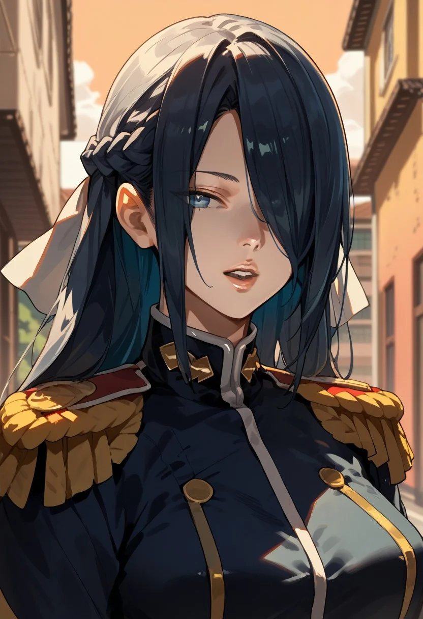 score_9,score_8_up,score_7_up,source_anime, FUBUKI_AZUMA,1girl,solo,long hair,looking at viewer,open mouth,ribbon,braid,hair ribbon,parted lips,hair over one eye,portrait,building,epaulettes,