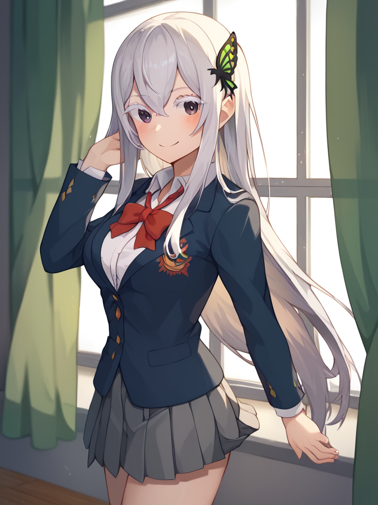score_9,score_8_up,score_7_up,<lora:echidna_(re_zero):1>,alternate_costume, backlighting, collared_shirt, echidna_\(re:zero\), dress_shirt, colored_eyelashes, school_uniform, 1girl, commentary, looking_at_viewer, grey_skirt, closed_mouth, solo, window, arm_behind_back, curtains, black_jacket, indoors, blush, cowboy_shot, long_sleeves, absurdres, white_shirt, breasts, pleated_skirt, red_bowtie, hand_up, highres, smile, revision, standing