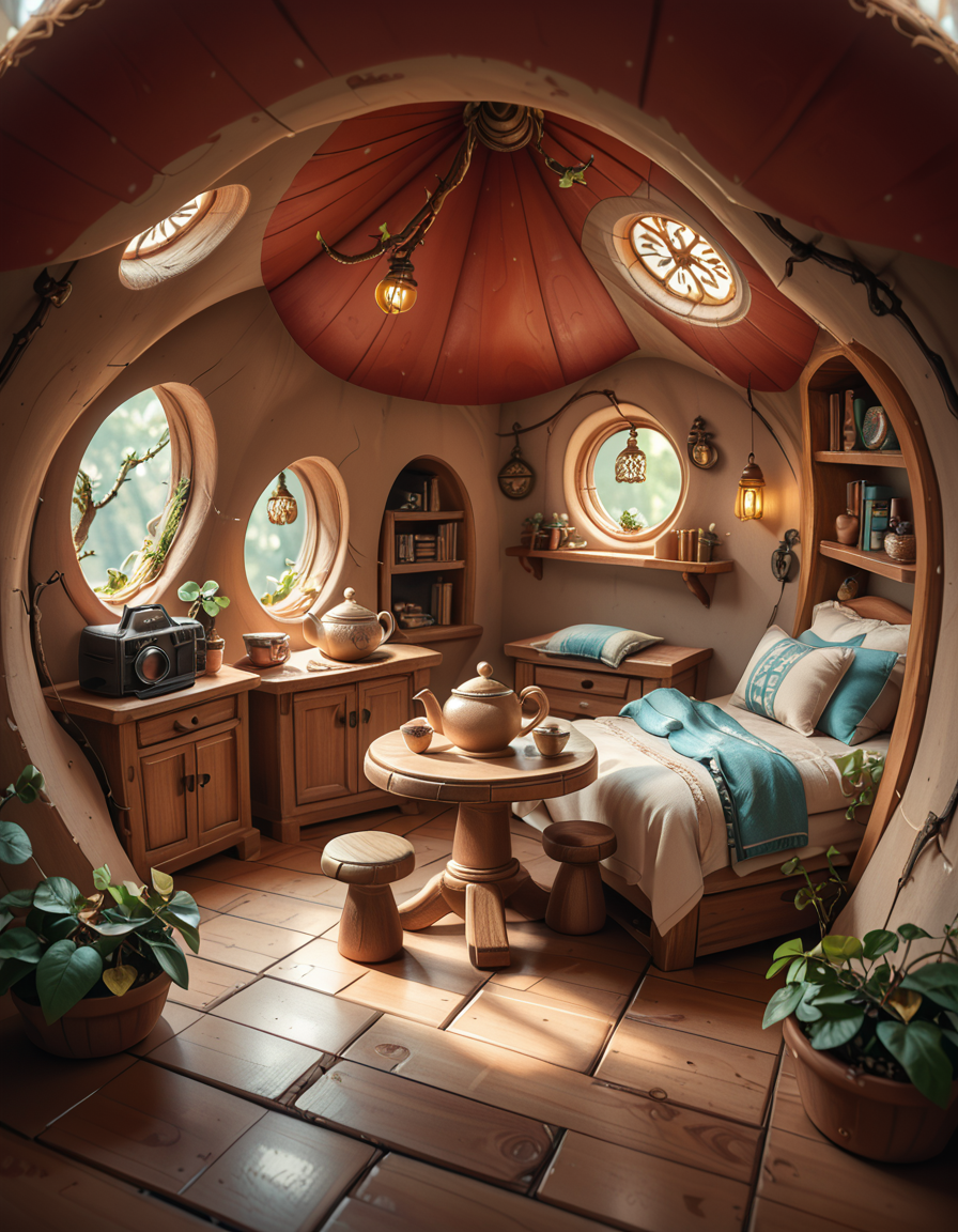 score_9, score_8_up, score_7_up,amazing quality, ultra realistic, 3D, HD, best quality, amazing quality, very aesthetic, absurdres
A highly detailed, realistic photograph of a tiny gnome house nestled at the base of an ancient oak tree, taken in soft morning light with a gentle mist hanging in the air. The house is crafted from natural materials: smooth stones form the lower walls, and curved wooden planks create a round, thatched roof with patches of moss and small wildflowers growing on top. Tiny circular windows with stained glass panels glow faintly from within, casting warm amber and green hues. A miniature wooden door with intricate carvings sits slightly ajar, surrounded by tiny lanterns that hang from delicate hooks, each softly glowing. Around the house, the forest floor is covered in dew-kissed clover, mushrooms of varying sizes and colors, and winding little cobblestone paths. In the background, tall ferns and oversized leaves tower, giving the scene an enchanted, hidden feel. Subtle rays of sunlight break through the canopy above, highlighting fine details with a dreamy, ethereal atmosphere. Hyper-realistic style, high-resolution, rich earthy tones, with an overall cozy and magical woodland vibe. No creatures or people, only nature and the charming architecture of the gnome's home.
<lora:SDXLFaeTastic2400:0.4> <lora:extremely_detailed:0.4> extremely detailed,tiny gnome h0us3 <lora:tiny_gnome_h0us3-p:1>