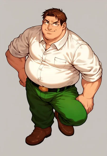 score_7_up, score_8_up, score_9_up, capcom_snk, 1guy, male focus, solo, peter, fat, fat man, collared shirt, brown footwear, white shirt, belt, green pants, brown hair, glasses, simple background, looking at viewer