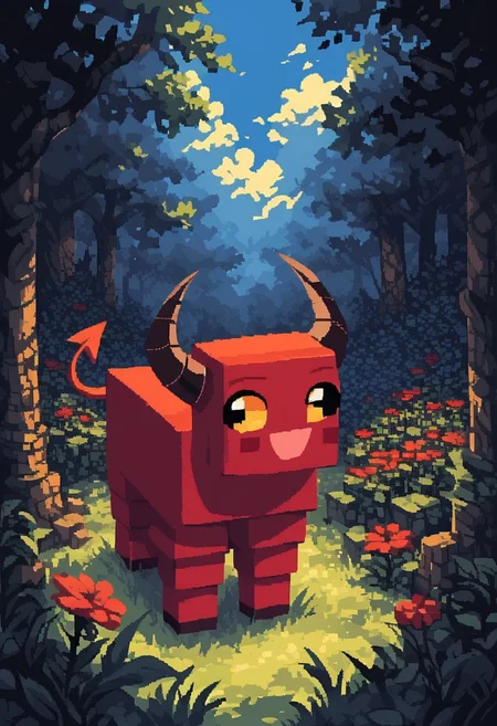 <lora:d3p1x3lXLP:1> d3p1x3l, pixel art, score_9, score_8_up, score_7_up, source_pixel, screencap, sfw BREAK 1girl, millie, helluva boss, smile, imp tail, horns, red skin, cute, long eyelashes, (beautiful detailed eyes) BREAK Minecraft sheep BREAK outside, spring forest, flowers BREAK sharp focus, perfect lighting, extremely detailed, tranquil setting, high detail, serene and cozy, Expressiveh, detailed background, OverallDetail, zPDXL3