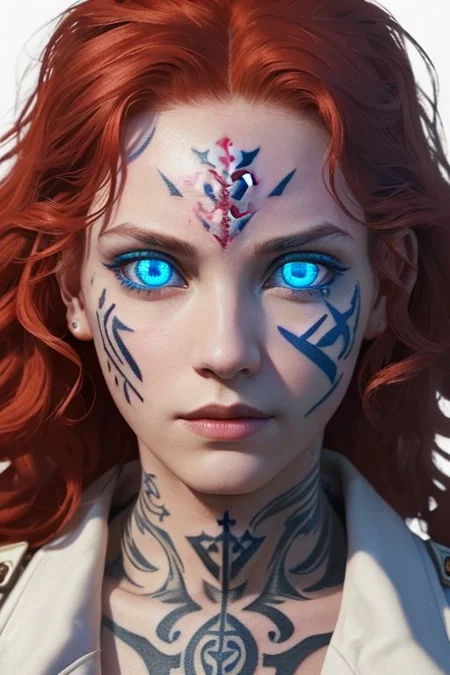 bright red hair, human female, (feminine:1.7), (beautiful face, detailed face:1.6), (beautiful eyes, detailed eyes:1.7), (looking at viewer, eye contact, intense:1.6), (long hair, red hair, curly hair:1.3), , ((masterpiece, best quality, high resolution, realistic, best quality,)), photo realistic, Perfect Face, (detailed face). <lora:GoodHands-vanilla:0.6> <lora:add-detail-xl:0.8>, mage, (Dress White military uniform coat), dagger, rune dagger, glowing runes, , (((glowing magic symbols tattoos, religious tattoos))), ((face tattoos)), glowing tattoos, stone tower in the background