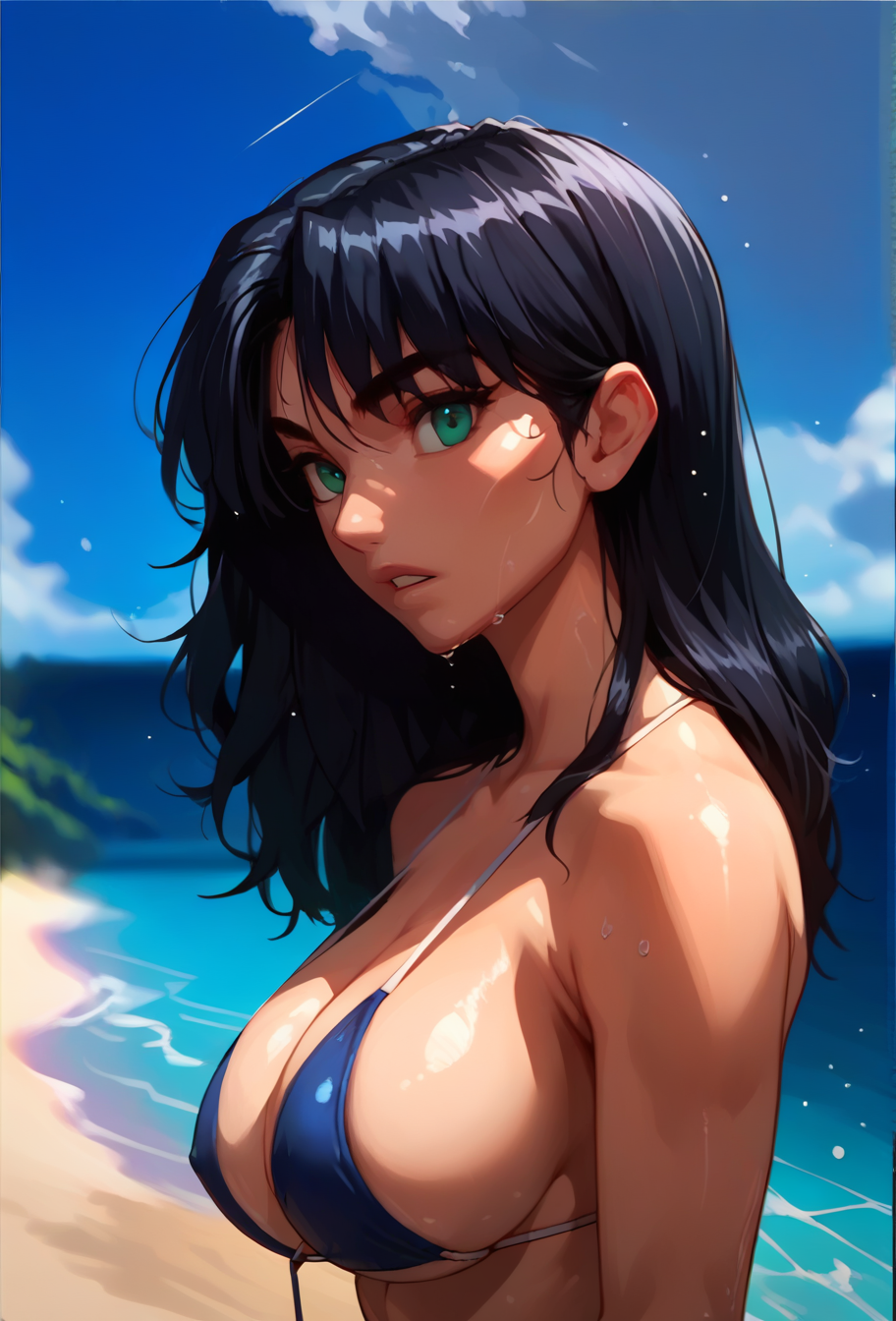 masterpiece, best quality, highly detailed, score_9, score_8_up, score_7_up, score_6_up, source_cartoon, source_anime, BREAK, female focus, portrait, 1girl, chest up, from side, tasasgi, long black hair, green eyes, large breasts, 
string stripped bikini, looking at viewer, eye contact, parted lips, water droplets, outdoors, beach, blue skies, clouds, glistening skin, 