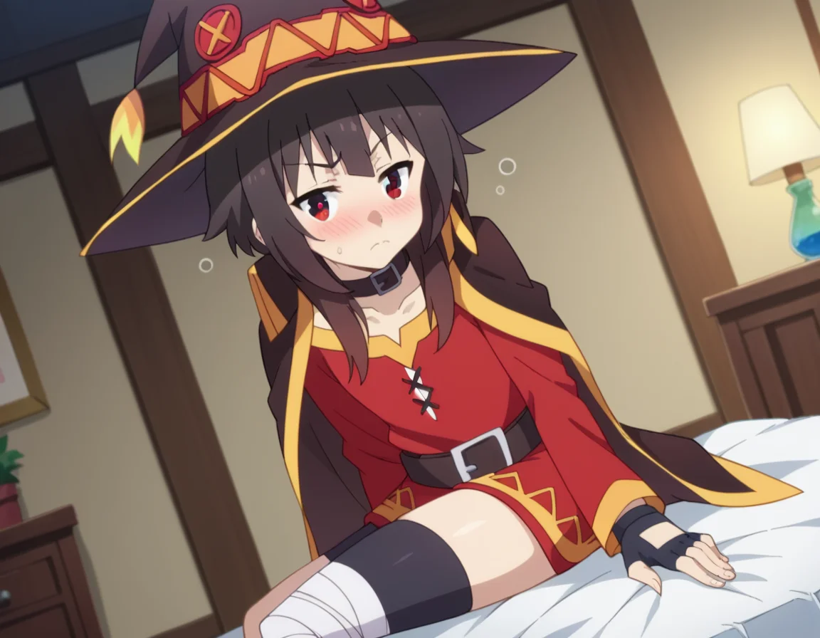 score_9, score_8_up, score_7_up, source_anime,
konosubamegumin, <lora:konosuba-megumin-s2-ponyxl-lora-nochekaiser:1>,
megumin, short hair, black hair, red eyes, short hair with long locks,
thighhighs, gloves, hat, dress, black gloves, belt, black thighhighs, fingerless gloves, cape, collar, witch hat, bandages, red dress, single thighhigh, asymmetrical legwear, bandaged leg,
indoors, bed, bed room, on side, blush, drunk,
looking at viewer, dutch angle, cowboy shot,