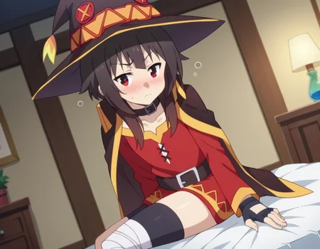 score_9, score_8_up, score_7_up, source_anime,
konosubamegumin, <lora:konosuba-megumin-s2-ponyxl-lora-nochekaiser:1>,
megumin, short hair, black hair, red eyes, short hair with long locks,
thighhighs, gloves, hat, dress, black gloves, belt, black thighhighs, fingerless gloves, cape, collar, witch hat, bandages, red dress, single thighhigh, asymmetrical legwear, bandaged leg,
indoors, bed, bed room, on side, blush, drunk,
looking at viewer, dutch angle, cowboy shot,
