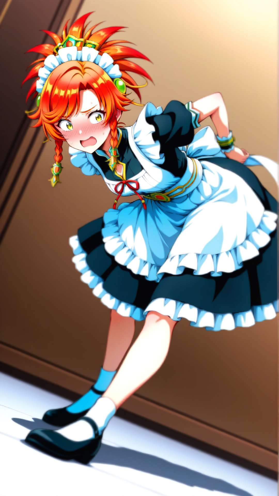source_anime, general, best quality, masterpiece, 1girl,  <lora:Ogniana_ill_v1.0:1> ogniana,dark skin, red hair,headdress, hair ornament, maid, maid headdress, maid apron, dynamic pose, dutch angle, flustered, embarrassed,  full body,