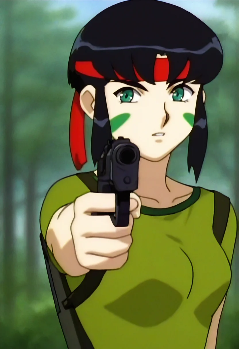 anime screenshot, 1girl, kumashiro sakuya, red headband, green facial mark, upper body, holding gun, green shirt, forest, blurry background, aiming at viewer, 
<lora:Sakuya_Kumashiro_IL-000010:1>