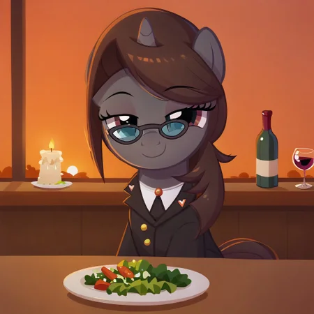 masterpiece, perfect detail, best high quality, source_pony, show accurate, cute, 1girl, female, solo, oc:sonata, glasses, attorney suit, badge on collar, pony, tail, sitting, sitting in chair, table, wine glass, wine bottle, plate, silverware on table, fork, knife, napkins, fancy restaurant, salad on plate, candles, windows, sunset, smile, closed mouth, beautiful, bedroom eyes, looking at you, facing you, sitting across from you, pov, score_9, score_8_up, score_7_up, score_6_up, score_5_up, score_4_up