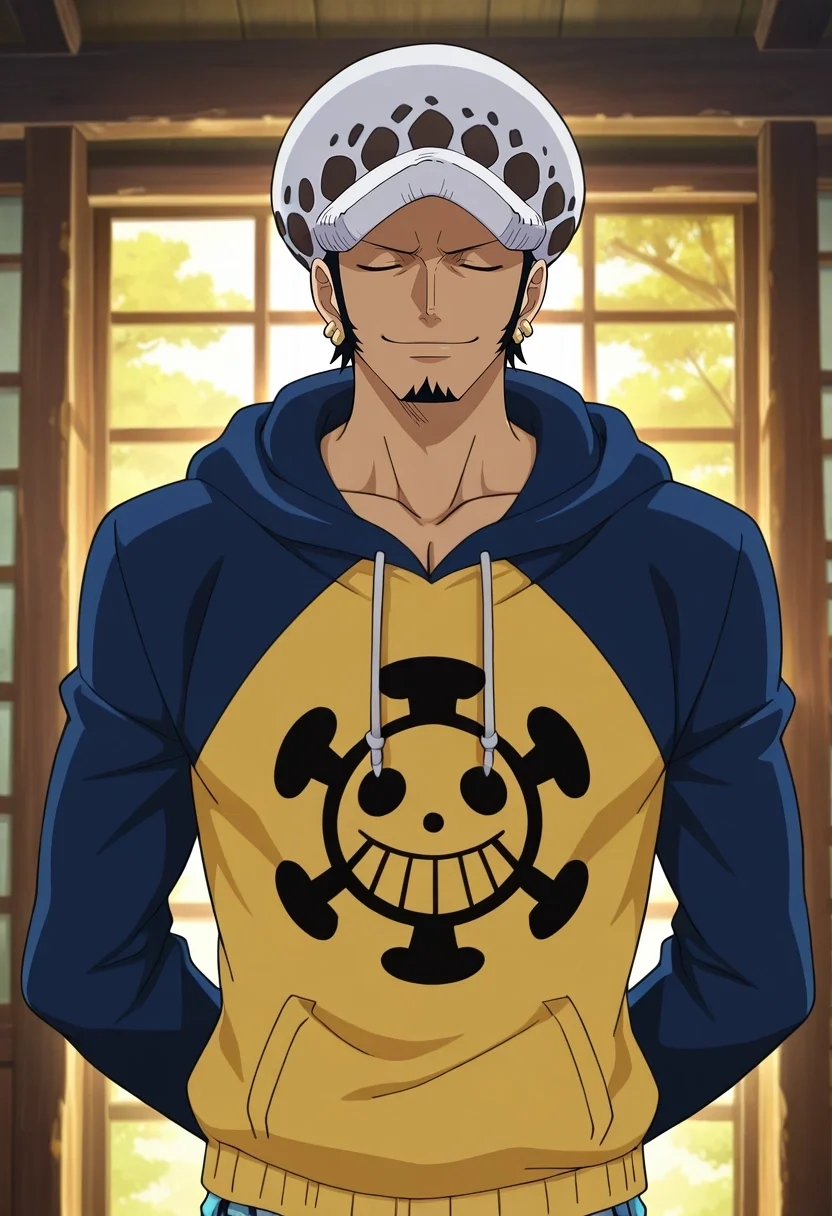 masterpiece, best quality, , anime screencap, , , , 1boy, solo, male focus, <lora:law_trafalgar_ilxl:0.92>, law_trafalgar, black hair, black eyes, short hair, facial hair, sideburns, long sideburns, goatee, , hat, , , , asymmetrical, forest, indoors, light, arms behind back, (closed eyes:1.2), smile,