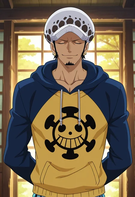 masterpiece, best quality, , anime screencap, , , , 1boy, solo, male focus, <lora:law_trafalgar_ilxl:0.92>, law_trafalgar, black hair, black eyes, short hair, facial hair, sideburns, long sideburns, goatee, , hat, , , , asymmetrical, forest, indoors, light, arms behind back, (closed eyes:1.2), smile,
