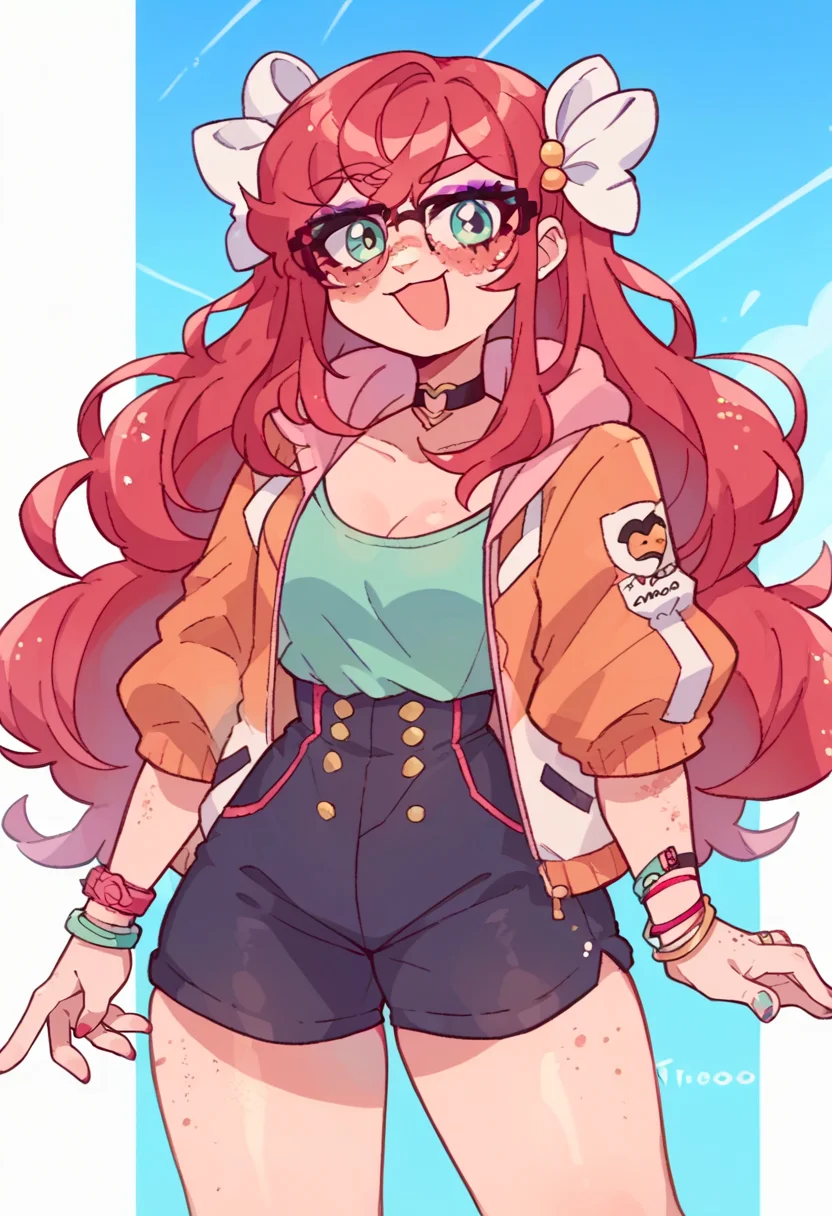 <lora:GinjaNinjaOwO (Autism SDXL):0.55> 1girl, solo, aqua eyes, long hair, red hair, freckles, glasses, hair ornaments, white ribbon, hair ribbon, eyeshadow, nail polish, jacket, shirt, high-waist shorts, choker, bracelet, wristband, <lora:Momoiiroo_Art_Style_PonyXL:1> momoiiroo,, score_9, score_8_up, score_7_up, source_anime,
