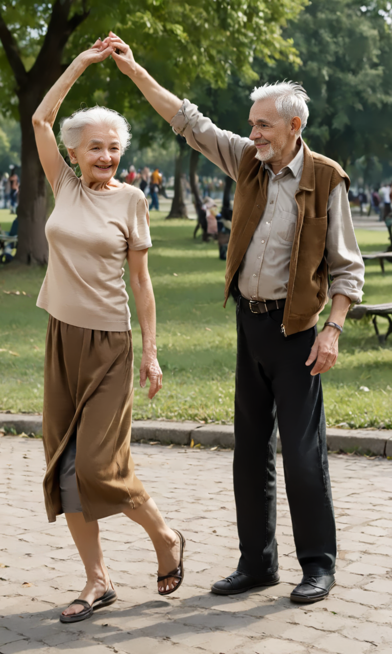 DanWiTu, (old lady) and a old man dancing in park.  <lora:DanceWithTurn:1>