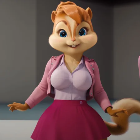 1boy, zPDXLxxx, Brittany Miller, statuesque physique, smiling at viewer, chipmunk, curvy body, CGI, big breasts, 3d render, voluptuous bodyshape, furry, wide hips, short ears, tiny waist, busty, cute expression, pink jacket, pink skirt, light pink shirt, adult, adorable, cute, sweet smile,