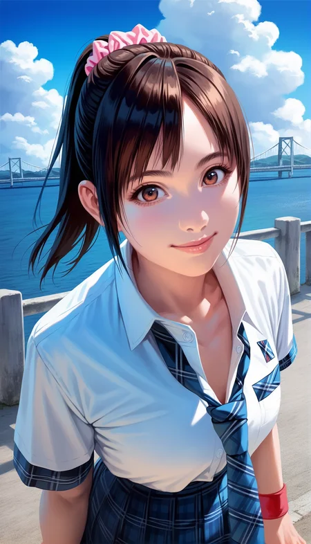 score_9,score_8_up,score_7_up,<lora:miiyamotoHikari:0.8>,
miiyamotohikari,
1girl,solo,black hair,ponytail,bangs,pink scrunchie,brown eyes,school uniform,white shirt,blue plaid skirt,blue plaid necktie,red wristband,medium breasts,
looking at viewer,smile,
portrait,
outdoors,blue sky,sea,cloud,street,railings,distant large bridge,distant mountains,clear blue sky,soft clouds drifting,summer,beautiful landscape,