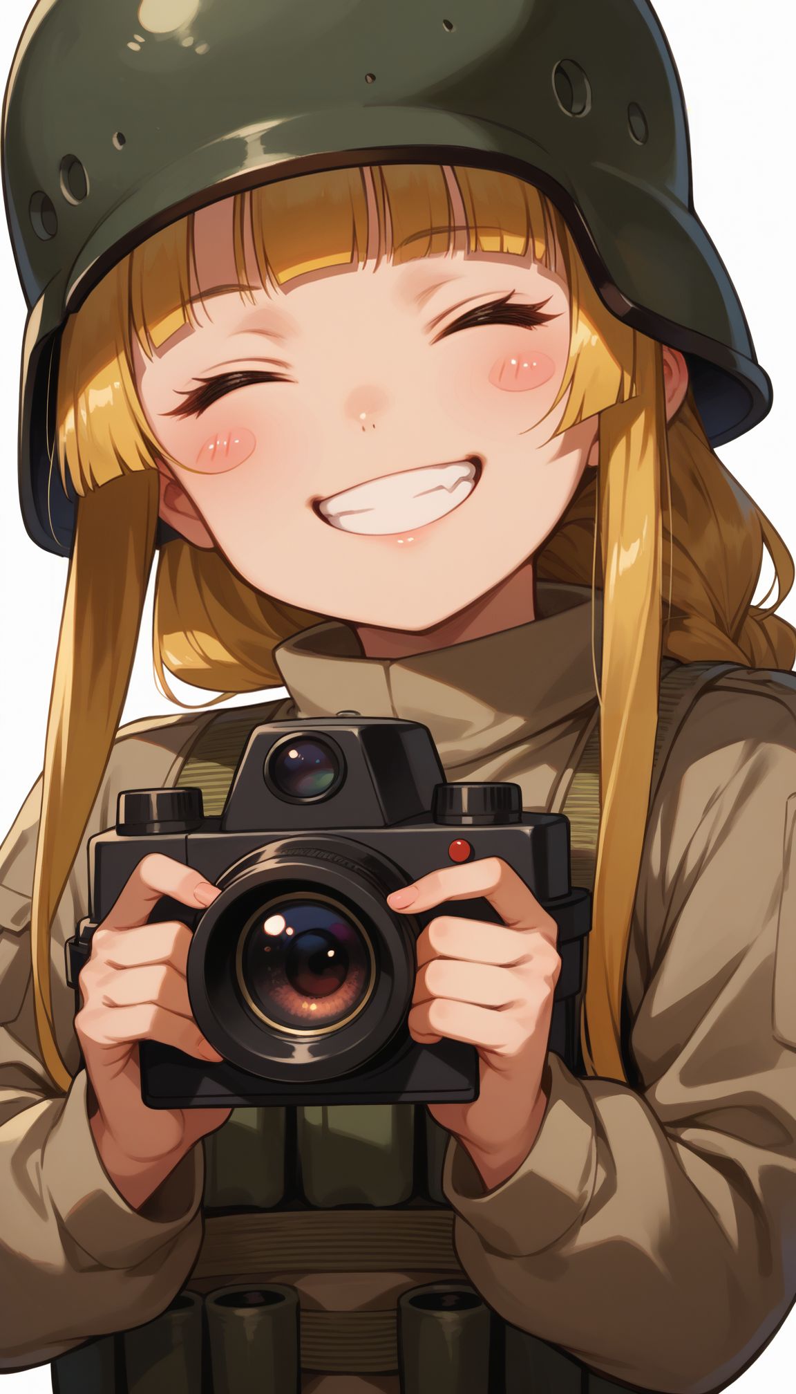 score_9, score_8_up, score_7_up, score_6_up,
 <lora:Fukaziroth:1>fukaziroh_(sao) , 1girl, blonde hair, long hair, helmet, smile, white background, binoculars, grin, simple background, holding, blush stickers, camera, long sleeves, closed eyes, military, explosive