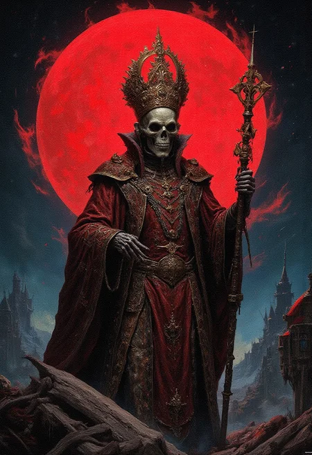DnD_Grainyboyz,grainy, noise, Dark cyberpunk artwork of THE PROGENITOR OF LUST, Extremely hyper realistic detailed,
Beneath a blood-red moon, the Necromancer Saint emerges, his skeletal visage a symbol of eternal damnation. The regal fabric of his pope’s attire whispers against the bones of his thin, desiccated frame. The mobile altar, surrounded by swirling mists, moves through the night, guided by his loyal cultists, as they traverse a landscape blighted by his unholy presence., 
in the style of the decaying empire of Wurstreich, dark magic and grotesque creatures abound, inspired by Sean Aaberg's punk aesthetic, dark fantasy world combines grim landscapes with vibrant, exaggerated colorful art, heroes skirmish monstrous foes in a setting where rebellion, decay, and mysticism intertwine, crafting a unique, immersive vibe
, the scene is captured in dimly lit dark fantasy but vibrant colors, with bold ink lines defining form against the watercolor wash of the aged paper
