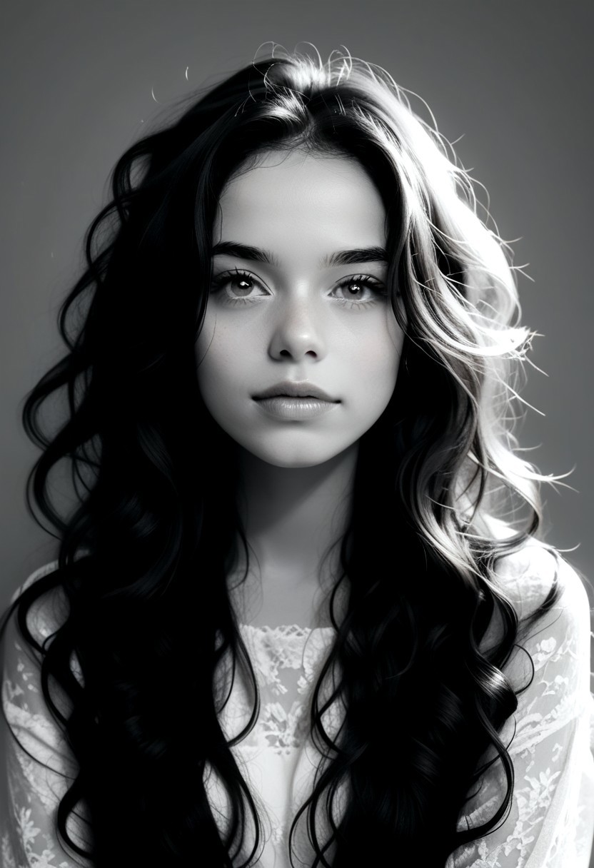 score_9, score_8_up, score_8_up, ((masterpiece, best quality, extremely detailed, absurdres))  female, 1girl, looking at viewer, long hair, curly hair,perfect portrait, close-up, face photograph, only face, intense look, moving, deep thoughtful eyes, pretty eyes, very detailed, simple background, extremely detailed, grey scale, black and white, monochrome,  , (((half face out of frame)))