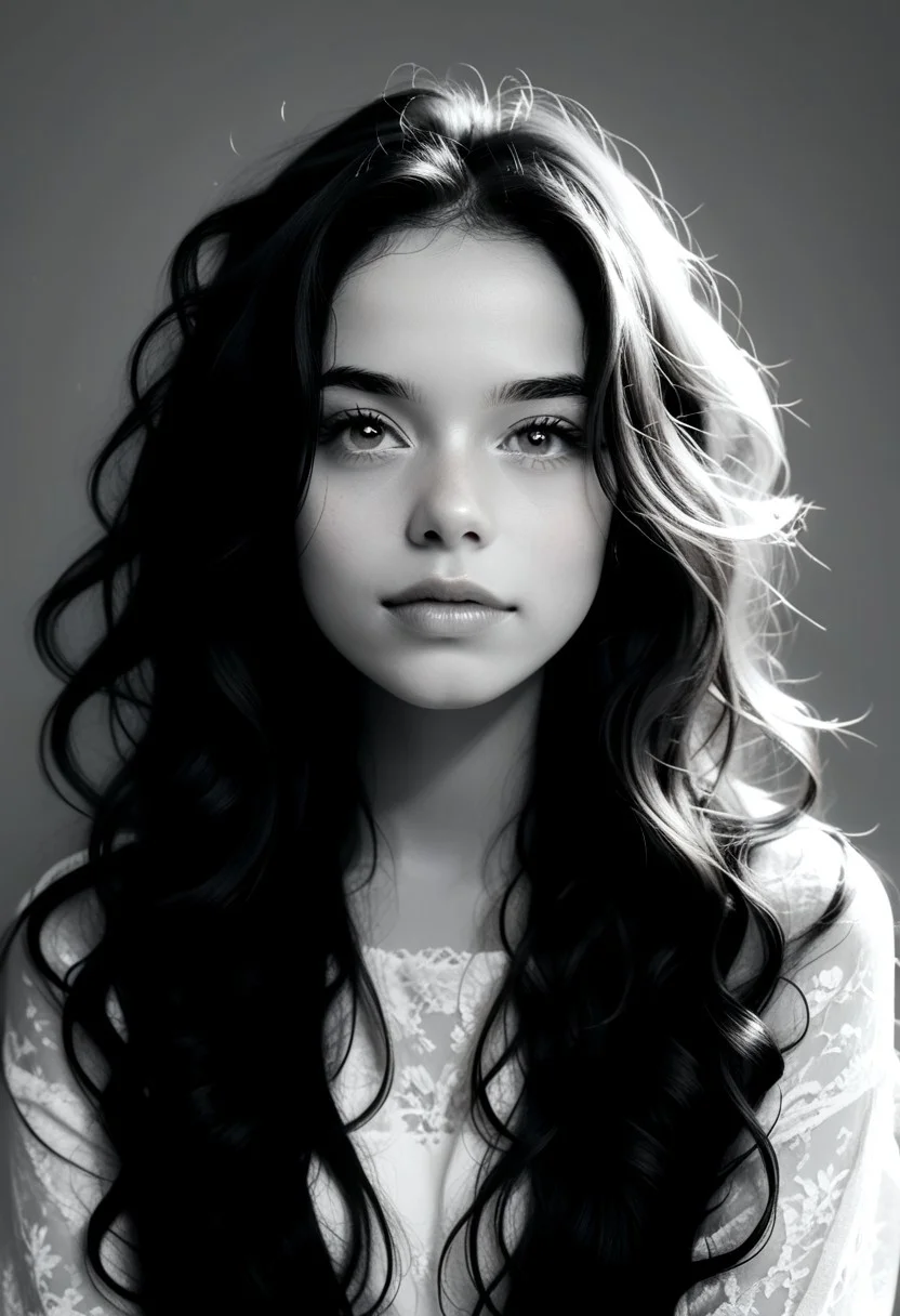 score_9, score_8_up, score_8_up, ((masterpiece, best quality, extremely detailed, absurdres)) female, 1girl, looking at viewer, long hair, curly hair,perfect portrait, close-up, face photograph, only face, intense look, moving, deep thoughtful eyes, pretty eyes, very detailed, simple background, extremely detailed, grey scale, black and white, monochrome, , (((half face out of frame)))