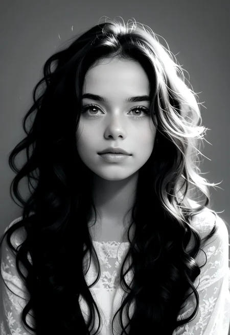 score_9, score_8_up, score_8_up, ((masterpiece, best quality, extremely detailed, absurdres)) female, 1girl, looking at viewer, long hair, curly hair,perfect portrait, close-up, face photograph, only face, intense look, moving, deep thoughtful eyes, pretty eyes, very detailed, simple background, extremely detailed, grey scale, black and white, monochrome, , (((half face out of frame)))