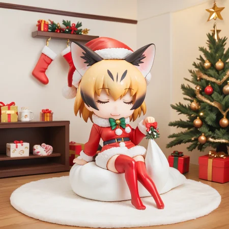 1girl, ((solo)), best quality, ultra-detailed, extremely detailed, perfect anatomy, masterpiece, score_9, score_8_up, score_7_up, Expressiveh, sand cat \(kemono friends\), 1girl, cat girl, cat ears, blonde hair, short hair, cat tail, christmas tree, christmas decoration, christmas ornaments, underneath Christmas tree background, indoors, santa cosplay, santa outfit, santa hat, santa's sack, Christmas outfit, giant sack of presents, fully clothed, Christmas themed thighhighs, thighhighs, santa's sack of presents, red ribbon collar, Christmas presents, Christmas themed, living room, fireplace, (chibi), cute, adorable, closed eyes, sleeping, smiling, laying on side, side view, tail_accessory, mistletoe_on_tail, mistletoe, closeup,