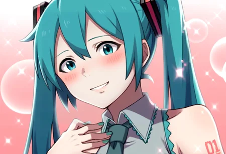 score_9, score_8_up, score_7_up, source_anime, BREAK, solo, 1girl, smile, looking at viewer, <lora:FEA-S-Rank-pdxl_Fp:1>, pink background, sparkle, bubble, hatsune miku, blush, hand on own chest,