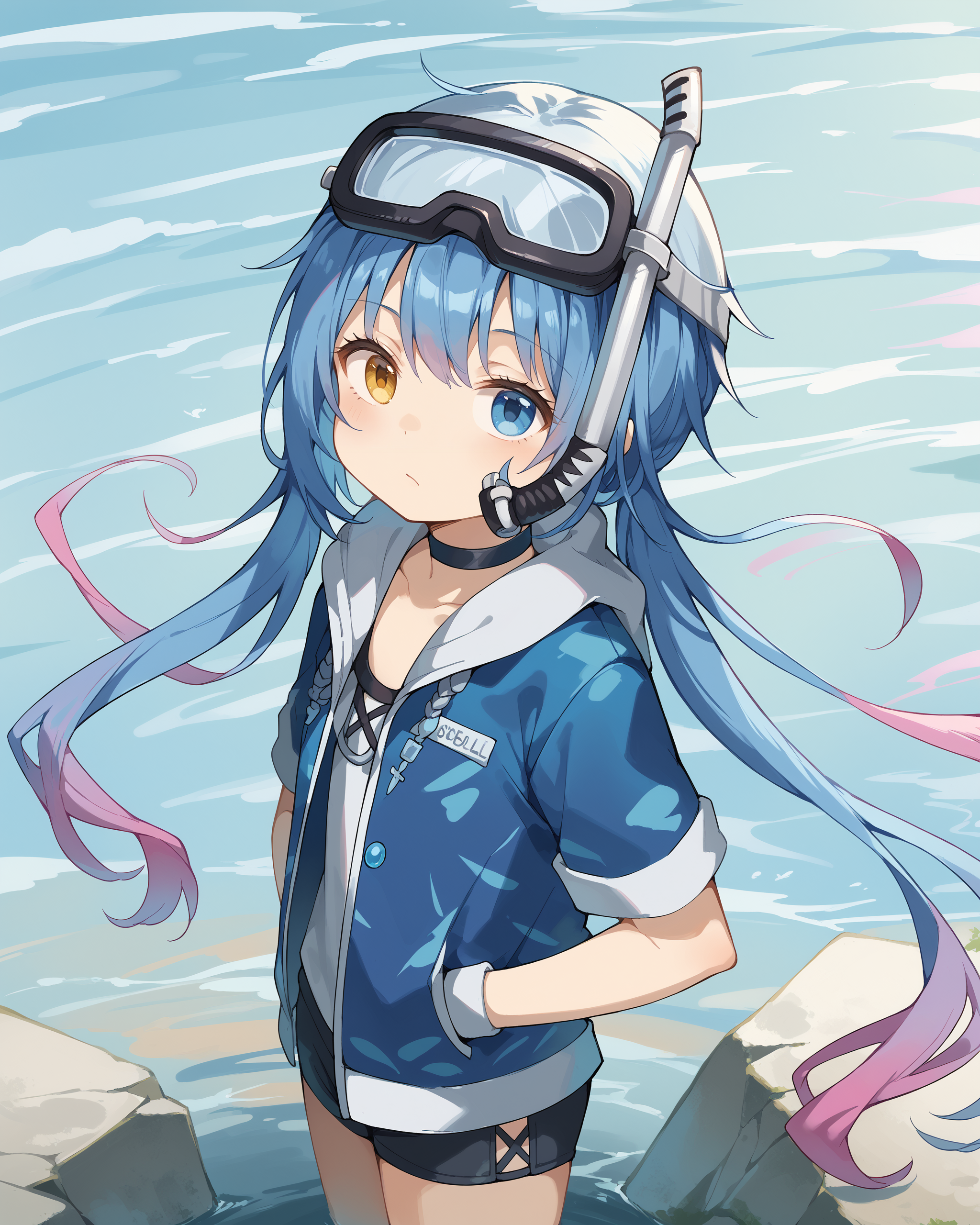 score_9, score_8_up, score_7_up, source_anime, <lora:spp-1v101e18:1> SPP-1, 1girl, solo, long hair, blue hair, low twintails, gradient hair, pink hair, blue eyes, heterochromia, yellow eye, snorkel,
goggles on head, black choker, blue jacket, open jacket, short sleeves, white shirt, black fingerless gloves, cropped torso,
hands in pockets, jitome, puff of air,
[from side], from above,