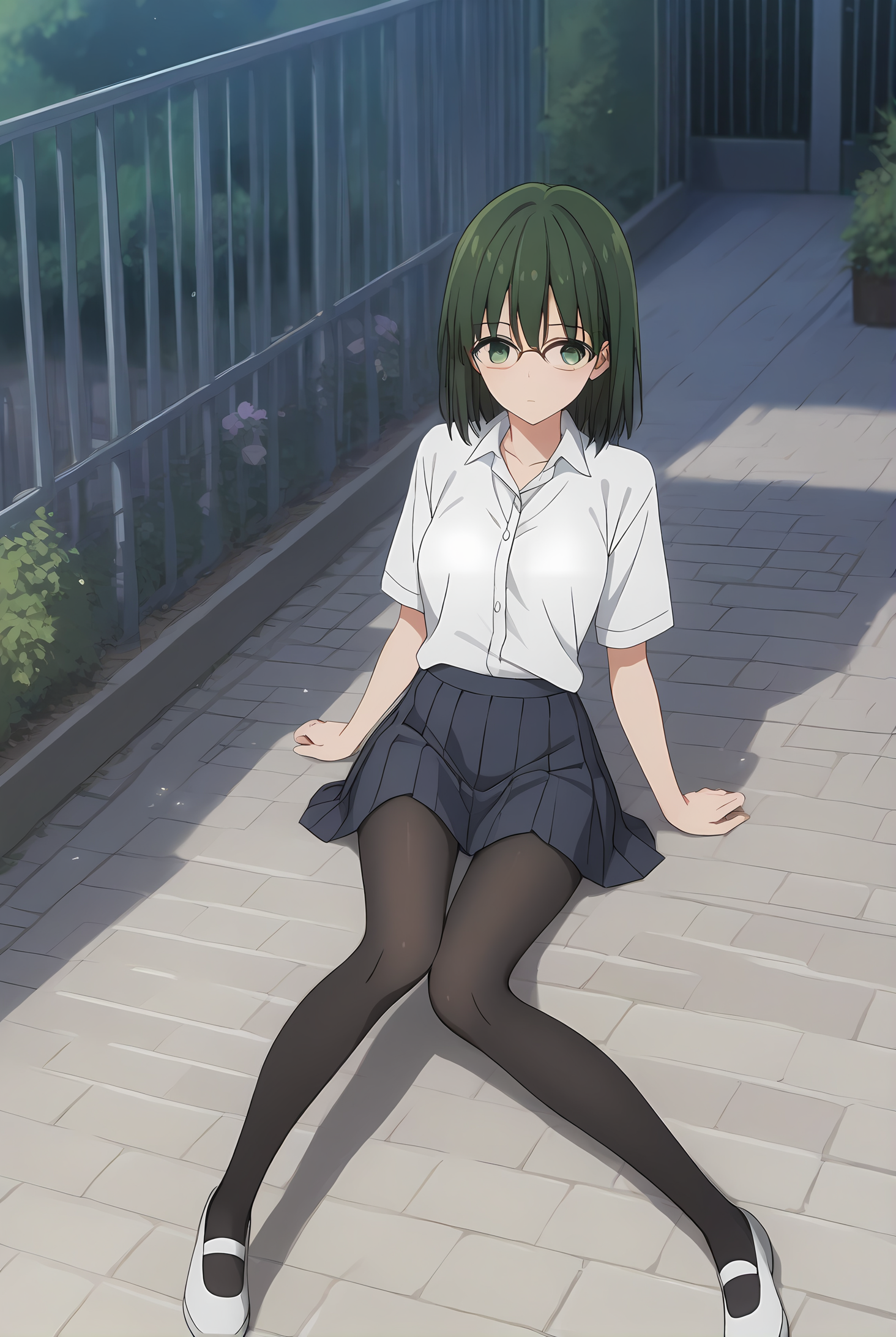 (school uniform skirt white shirt black pantyhose uwabaki), hm-sakura, green hair, green eyes, [glasses, medium hair], medium breasts, 1girl, solo, skinny, score_9, score_8_up, score_8, score_7_up, score_7, score_6_up, score_6, score_5_up, score_5, source_anime, blush, night sky outdoors, (1.3::full body|sitting|standing|lying|straight-on|0.6::close-up| :1.20), , <lora:hm-sakura-V01-000003:0.80>