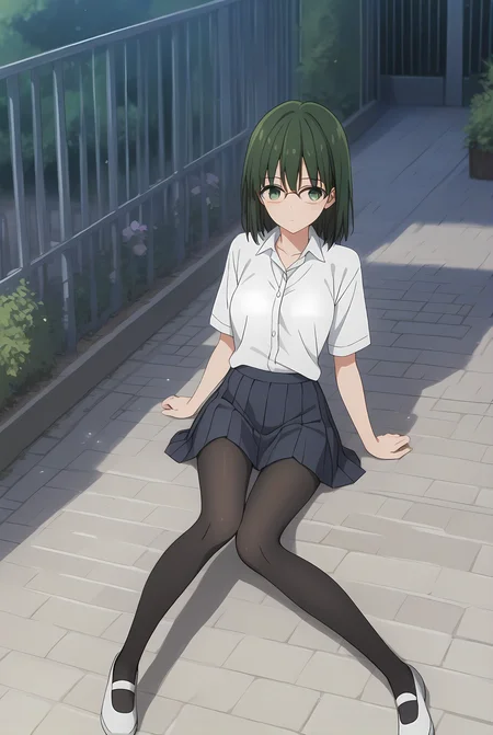 (school uniform skirt white shirt black pantyhose uwabaki), hm-sakura, green hair, green eyes, [glasses, medium hair], medium breasts, 1girl, solo, skinny, score_9, score_8_up, score_8, score_7_up, score_7, score_6_up, score_6, score_5_up, score_5, source_anime, blush, night sky outdoors, (1.3::full body|sitting|standing|lying|straight-on|0.6::close-up| :1.20), , <lora:hm-sakura-V01-000003:0.80>
