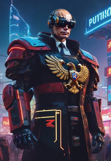 (best quality) , detailed, <lora:cyborg_style_xl-alpha:0.96> russian flag coat of arms eagle on armor, glowing robotic eyes, soviet russian futuristic neon moscow city many people on background, in cyberpunk 2077 style, extreme low angle, by Ismail Inceoglu