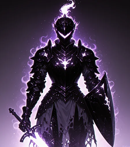 <lora:Shadows_v2_Buns:0.65> sh4d0w, purple aura, glowing, solo, Knight, full plate armor, plumed helmet, shield, shining sword, masterpiece, best quality, amazing quality