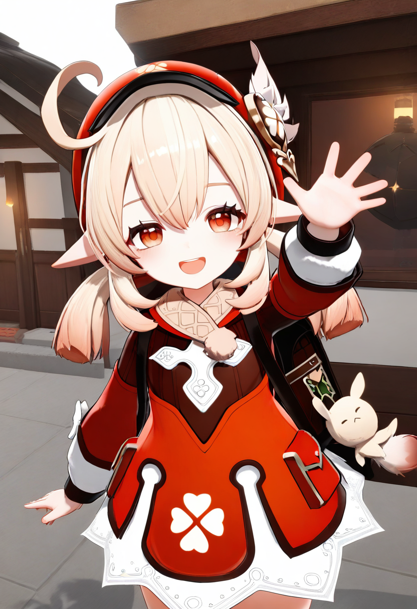 1girl,solo,klee \(genshin impact\),genshin impact,arm up,waving,backpack,standing,open mouth,smile,looking at viewer,3d,vrc,masterpiece,high score,great score,absurdres,<lora:vrc style_ani4 xl_v1-000010:1>,