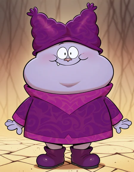 masterpiece, official art, best quality, detailed, solo, chowdr, anthro, male, 1boy, anthro, purple fur, purple body, animal nose, fang, tooth, plump, fat, young, purple hat, purple long sleeve shirt, purple boots, standing, looking at viewer, smile