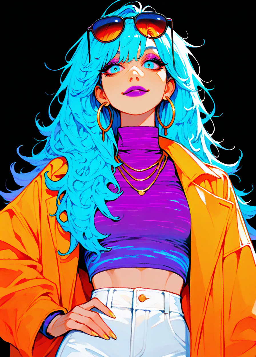 masterpiece, best quality, amazing quality, very aesthetic, high resolution, ultra-detailed, absurdres, newest, 1girl, while hair, long bang, messy hair style, shoulder-length hair, high fashion, confident, smug, blue eyes, pink lips, purple round sunglasses, sunglasses on head, eye liner, long eyelashes, purple lips, yellow coat, high-collar coat, necklace, purple knit turtle neck, white pants, large earrings,
hoop earrings, midriff, athletic body, BREAK pitch black background with diagonal orange blue stripes , upper body, hand on hip, soft light from offscreen, teal rim light, <lora:ponyv6_noobV1_2_adamW-000017:0.45> <lora:Elegence_Niji:0.85> <lora:Detailer_NoobAI_Incrs_v1:0.59> <lora:PRSNL-4:0.4> <lora:ka_marukogedago:0.95> <lora:fenn_neoncolor:0.8>