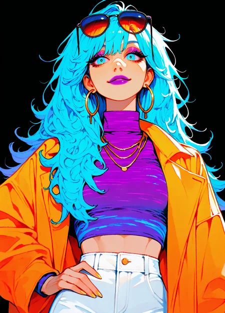 masterpiece, best quality, amazing quality, very aesthetic, high resolution, ultra-detailed, absurdres, newest, 1girl, while hair, long bang, messy hair style, shoulder-length hair, high fashion, confident, smug, blue eyes, pink lips, purple round sunglasses, sunglasses on head, eye liner, long eyelashes, purple lips, yellow coat, high-collar coat, necklace, purple knit turtle neck, white pants, large earrings,
hoop earrings, midriff, athletic body, BREAK pitch black background with diagonal orange blue stripes , upper body, hand on hip, soft light from offscreen, teal rim light, <lora:ponyv6_noobV1_2_adamW-000017:0.45> <lora:Elegence_Niji:0.85> <lora:Detailer_NoobAI_Incrs_v1:0.59> <lora:PRSNL-4:0.4> <lora:ka_marukogedago:0.95> <lora:fenn_neoncolor:0.8>