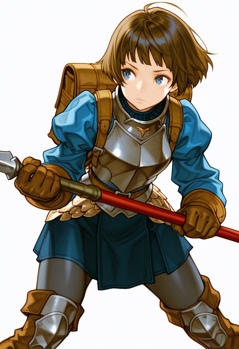 masterpiece, best quality, very aesthetic, absurdres, 
1girl, cowboy_shot, solo, vanillaware, soldier, blue_eyes, brown_hair, short_hair, bangs, scale_armor, helmet, morion, gorget, breastplate, blue_shirt, long_sleeves, leather_gloves, scaled_skirt, grey_leggings, thigh_boots, leather_boots, brown_footwear, backpack, holding_polearm, spear, standing, legs_apart, fighting_stance, leaning_forward, closed_mouth, looking_ahead, simple_background, white_background, 
NishimuraXL,