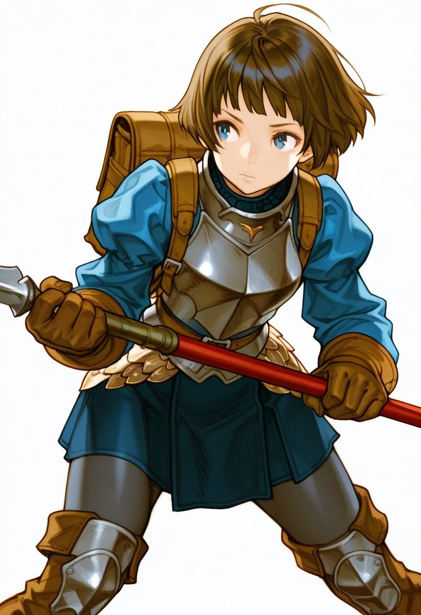 masterpiece, best quality, very aesthetic, absurdres, 
1girl, cowboy_shot, solo, vanillaware, soldier, blue_eyes, brown_hair, short_hair, bangs, scale_armor, helmet, morion, gorget, breastplate, blue_shirt, long_sleeves, leather_gloves, scaled_skirt, grey_leggings, thigh_boots, leather_boots, brown_footwear, backpack, holding_polearm, spear, standing, legs_apart, fighting_stance, leaning_forward, closed_mouth, looking_ahead, simple_background, white_background, 
NishimuraXL,