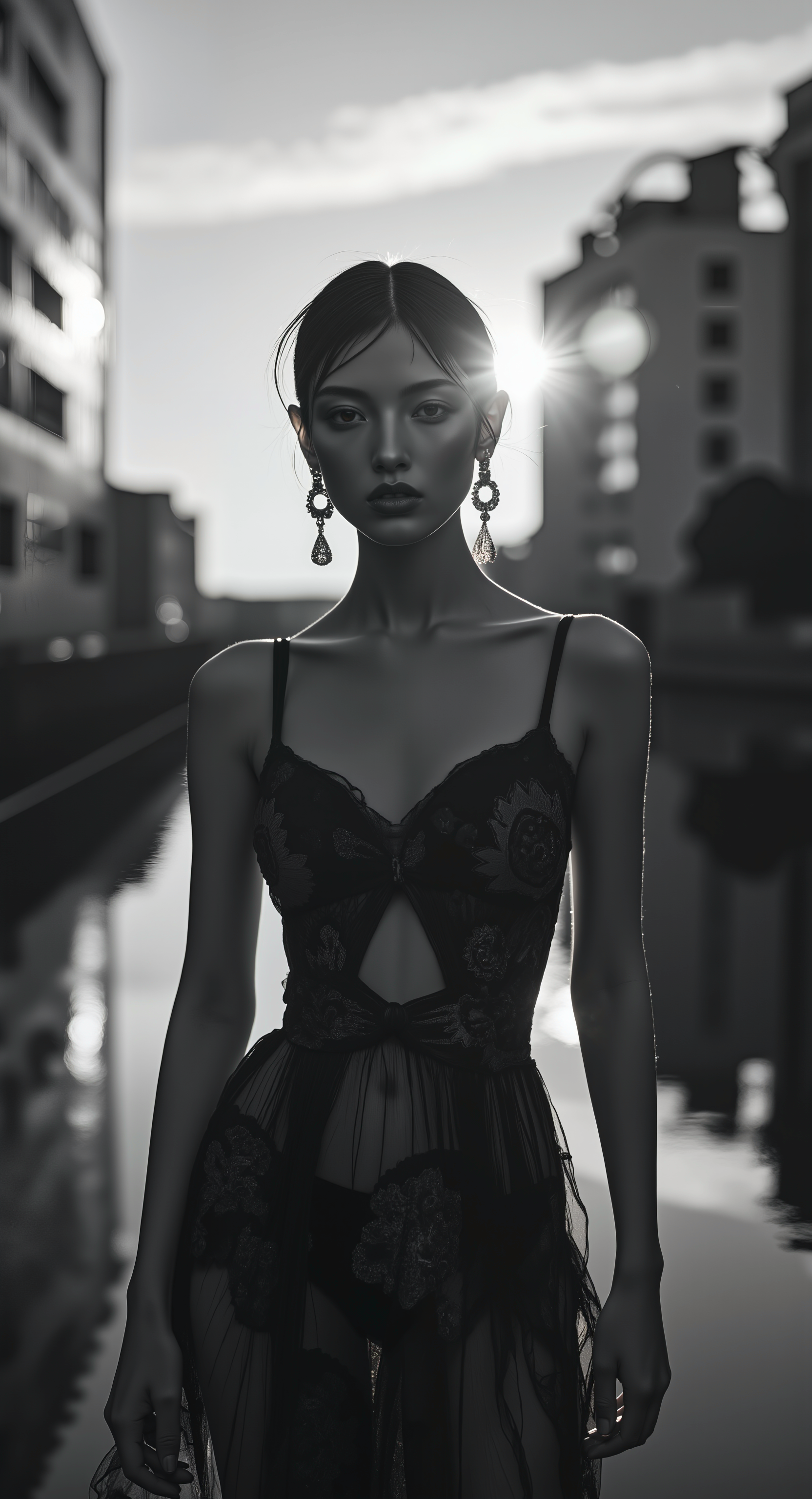 masterpiece, best quality, amazing quality, very aesthetic, absurdres, newest, black and white photography, editorial fashion, elegant woman, poised expression, dawn, abstract urban space, cinematic lighting, peter lindbergh aesthetics, minimalist 1960s fashion, couture dress, holographic projections, water reflections, sound wave visualization, ethereal atmosphere, Platoâs forms, philosophical symbolism, timeless beauty, quiet awe, poetic composition, surreal elegance, endless pursuit of perfection. mwv7_alpha_v01, <lora:Midjourney_Whisper_V7_alpha_v01:1>,  midjourney_whisper_avant_couture, <lora:midjourney_whisper_avant_couture_v01:0.8>,