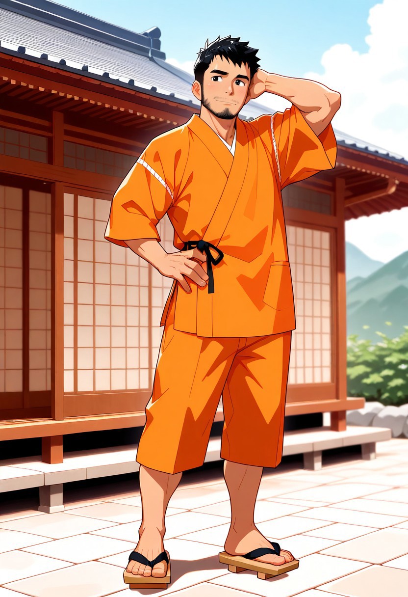 score_9, score_8_up, score_7_up, score_6_up, perfect anatomy, perfect proportions, best quality, masterpiece, high_resolution, high quality, aesthetic, absurdres, (male focus, solo male, adult, mature, masculine, manly, virile, hunky, macho, beefy, gay, homo, bara), handsome, charming, alluring, heroic, triumphant, grim, stern, BREAK (asian male, japanese male:1.3), black eyes, black hair, short hair, facial hair, beard, fit, BREAK Hannekenjinbei, japanese clothing, jinbei \(japanese clothing\), jinbei_yarn_knitting_on_sleeves \(jinbei clothes part\), detached_jinbei_sleeves, wide_jinbei_sleeves, short_jinbei_sleeves, side-knot closure clothing, hanzubonhalf, half pants \(jinbei\) , jinbei half pants \(japanese clothing\), japanese slippers \(footwear\), geta, blurred background, japanese architecture, washitsu \(japanese-style room\), engawa \(japanese architecture\), movie still, perfect face, vibrant, vivid, stardom, glamorous, retro, old fashioned, old technicolor film style, film grain, aged film stock, extraordinary achievement, award-winning, expressionist, cinematic, cinematic still, emotional, harmonious, vignette, bokeh, cinemascope, moody, epic, gorgeous 