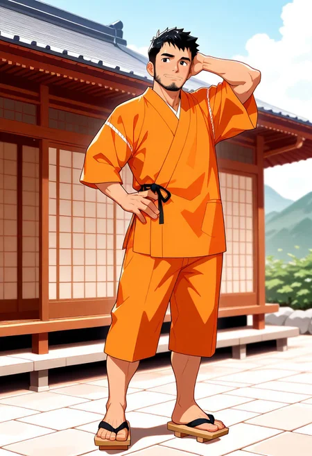 score_9, score_8_up, score_7_up, score_6_up, perfect anatomy, perfect proportions, best quality, masterpiece, high_resolution, high quality, aesthetic, absurdres, (male focus, solo male, adult, mature, masculine, manly, virile, hunky, macho, beefy, gay, homo, bara), handsome, charming, alluring, heroic, triumphant, grim, stern, BREAK (asian male, japanese male:1.3), black eyes, black hair, short hair, facial hair, beard, fit, BREAK Hannekenjinbei, japanese clothing, jinbei \(japanese clothing\), jinbei_yarn_knitting_on_sleeves \(jinbei clothes part\), detached_jinbei_sleeves, wide_jinbei_sleeves, short_jinbei_sleeves, side-knot closure clothing, hanzubonhalf, half pants \(jinbei\) , jinbei half pants \(japanese clothing\), japanese slippers \(footwear\), geta, blurred background, japanese architecture, washitsu \(japanese-style room\), engawa \(japanese architecture\), movie still, perfect face, vibrant, vivid, stardom, glamorous, retro, old fashioned, old technicolor film style, film grain, aged film stock, extraordinary achievement, award-winning, expressionist, cinematic, cinematic still, emotional, harmonious, vignette, bokeh, cinemascope, moody, epic, gorgeous