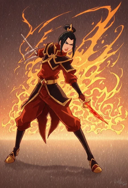 Azula, the fierce and cunning firebender, stands confidently at the center of the scene, wielding a bolt of lightning in her hand. Her eyes are sharp and intense, reflecting her unwavering determination and strategic mind. She is dressed in her traditional Fire Nation armor, which glows with shades of deep red and black, accented by golden details. Her long, dark hair flows behind her like a trail of smoke, subtly moving as if stirred by an unseen breeze. The background is a dramatic, volcanic landscape under a blood-red sky, with molten lava flowing across jagged rocks and plumes of dark smoke rising into the air. Blue flames dance around her, highlighting her unique firebending abilities and adding a contrasting, electric blue hue to the predominantly warm color palette. The atmosphere is charged with tension and raw power, as Azula embodies the dangerous and unpredictable force of fire and lightning. Her stance is both regal and intimidating, conveying a sense of control and command over the elements she wields. The image should be rendered in maximum ultra-high-definition quality, with detailed textures and ultra-realistic lighting to capture the glow of the flames, the sharpness of the lightning, and the intensity of the scene. The special effects should emphasize the crackling energy of the lightning and the heat of the flames, creating a dynamic 8K high-definition image with realistic lighting to enhance the dramatic and powerful atmosphere.