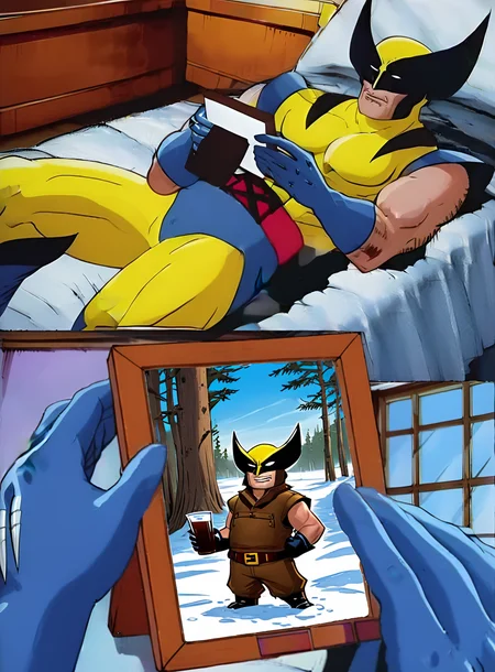 Wolverine holding a picture frame of bottle of maple syrup, comic panels, <lora:wolvmemesdxl:0.8>, wolvmemesdxl, cartoon, best quality, 2panel