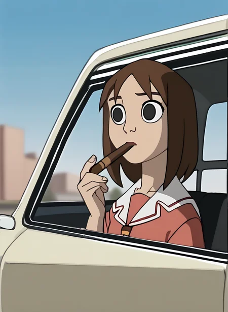 Score_9, score_8_up, score_7_up, score_6_up, SpecStyle, <lora:SpecPony:1.1>, wide shot, animated <lora:Kasuga_Ayumu__Osaka_Azumanga_Daioh:1> kasuga ayumu, dark brown hair, derp eyes, serafuku, 1girl, solo, smoking cigar in hand, blue sky, blurry background, car window, blurry, parody, black eyes, 1girl, solo, outdoors, day, in car, in driver's seat, female focus, driving