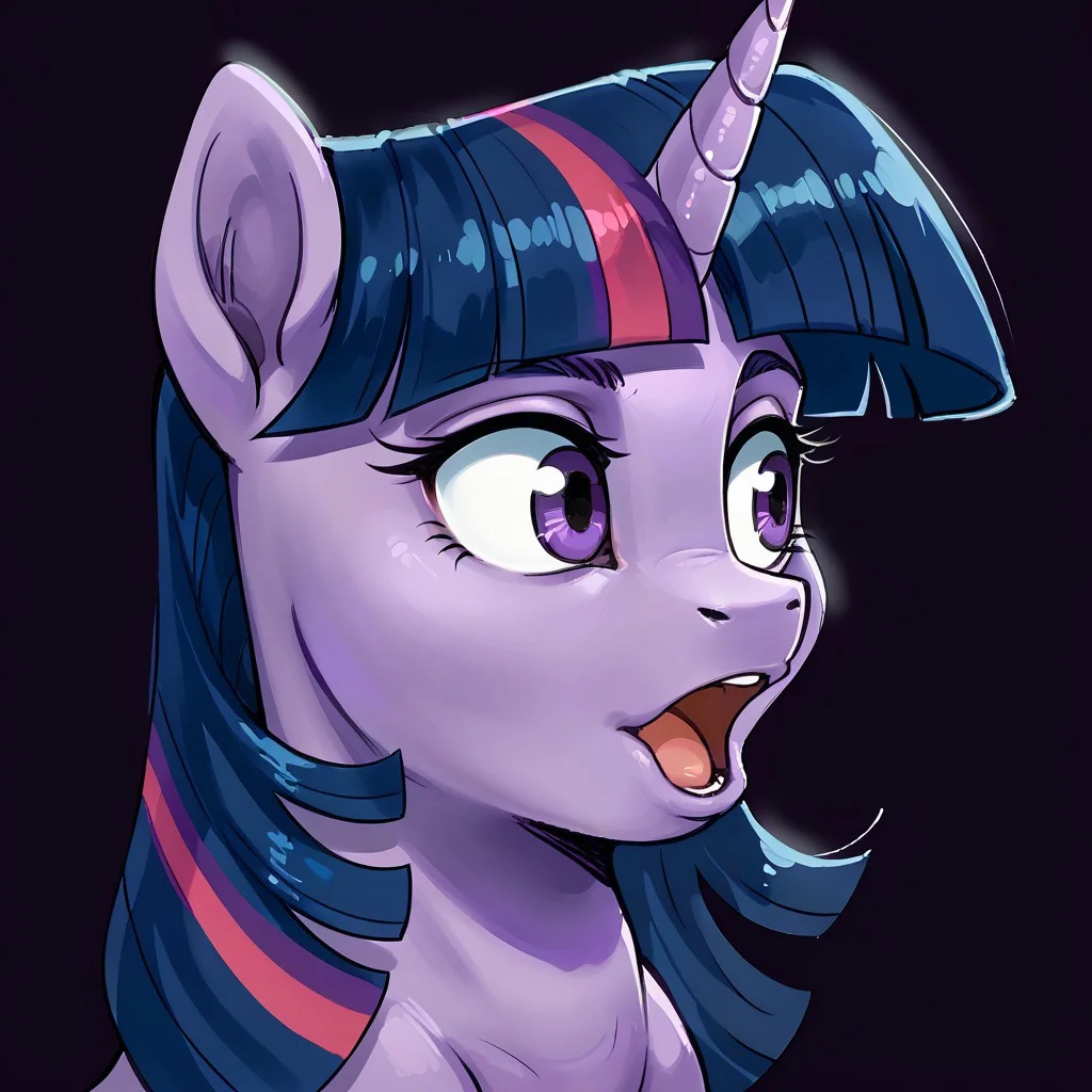 score_9, score_8_up, score_7_up, score_6_up, score_5_up, source_furry, source_furry, 1girl, pony, feral, Purple Skin, Purple Eyes, Twilight Sparkle_(mlp), pog, looking to the side, open mouth, portrait,