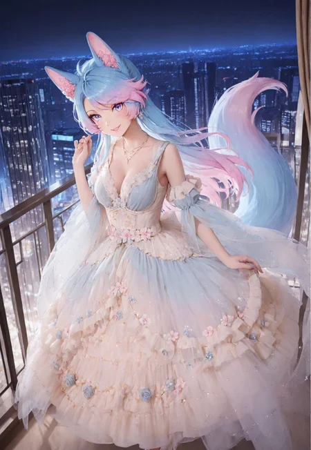 masterpiece, best quality, good quality, very aesthetic, absurdres, detailed eyes,
BREAK
silvervale, fox ears, tail, gradient hair, multicolored hair, blue hair, pink hair, blue eyes, medium breasts,
BREAK
Seductive Smile, hszl, jewelry,necklace,white dress,detached sleeves,hair ornament,long dress,frills,sleeveless dress,earrings,wide sleeves,
BREAK
balcony overlooking the city, modern city, city view, night,