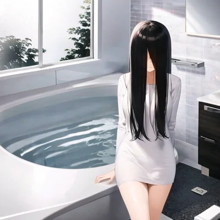 masterpiece,best quality,sadako_yamamura,red eyes, white dress,((1girl)),solo,blackhair,<lora:Sadakobest:0.8>, <lora:modernOFUROInJapanese_v1:1>, indoors, window, reflection, bathroom, scenery, bathtub,