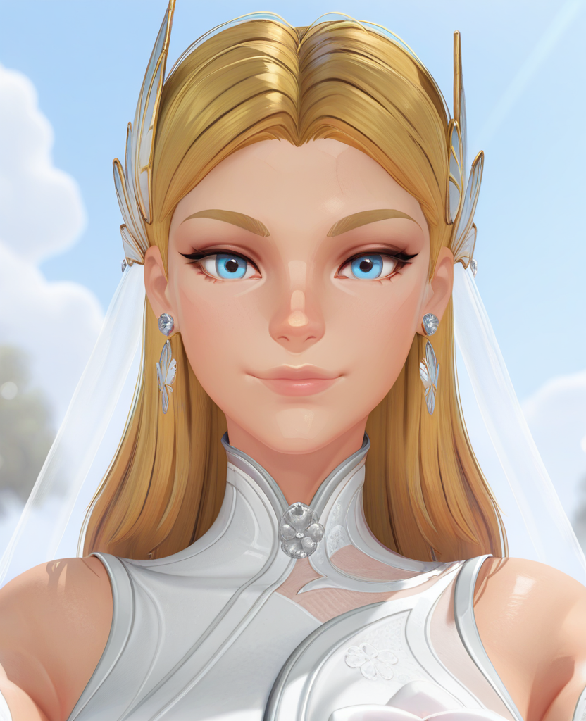 highres, absurdres,3d, <lora:Bride_invisible_woman_ILLUS_2-000008:0.8> , iv1, 1girl, blonde hair, blue eyes, long hair, bridal veil, hair ornament, elbow gloves, dress, earrings, looking at viewer, portrait, light smile,
