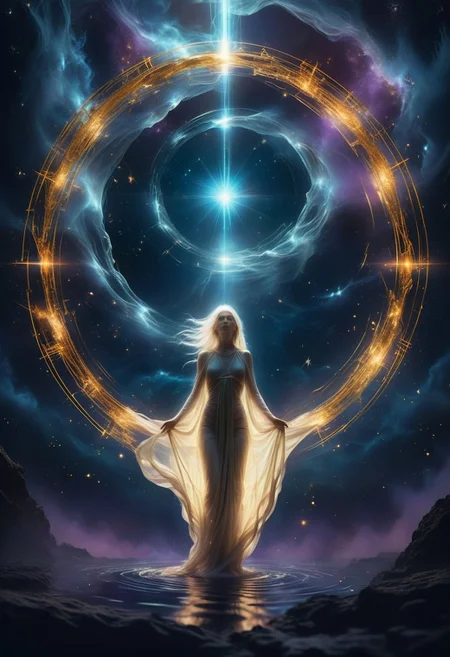drawn, detailed, (Ethereal fantasy, cinematic lighting, dreamlike contrast, soft focus, symbolic composition) — A lone celestial figure drifts weightlessly in a vast, dark expanse, their form illuminated only by the glow of a massive, fractured halo floating above them. The halo, cracked and ancient, radiates soft golden light, casting delicate beams onto their pale, almost luminous skin. Wisps of silver hair flow like ink in water, trailing endlessly into the abyss. Their body, graceful yet tense, remains partially wrapped in flowing, translucent cloth that moves unnaturally, as if suspended in time. Their eyes, half-lidded, reflect distant stars, a quiet sorrow lingering in their expression. The vastness behind them blurs into an infinite bokeh of cosmic hues—deep blues, flickering purples, and fading embers of gold. Suspended between light and void, they remain untethered, as if on the verge of being lost forever or ascending beyond reach.