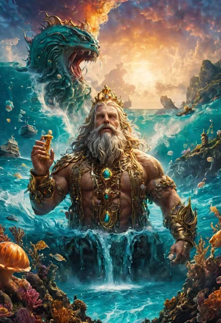 perfect photograph, vast expansive very wide angled photograph, ((in the distance the ocean and seacreatures, mermaids, (the entire water realm), are seen being created by water pouring out of the beard and mouth of Lir (the sea deity)),
realisticvision-negative-embedding, epiCRealism