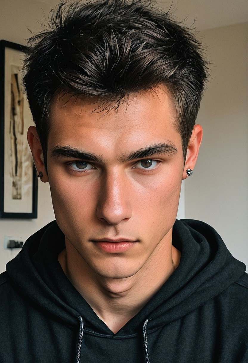 Male focus, stunning masterpiece, ((best quality:1.2)), ((fashion photo of a boy)), handsome, cute, 18yo, twink, perfectly detailed handsome face, high cheekbones, strong jawline, detailed eyes, messy black hair, confident look, piercing eyes, lithe, BREAK ultra-high-definition, sharp details, high quality, realistic, natural textured skin, 16k, intricate details, Expressiveh, World class and stunning, BREAK indoors, editorial photo, chiaroscuro, head and shoulders portrait, black hoodie, editorial, high fashion, looking at viewer